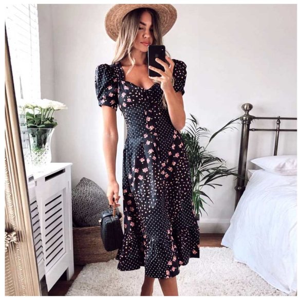 Dresses & Skirts - black Boho floral Print Puff sleeve midi dress
